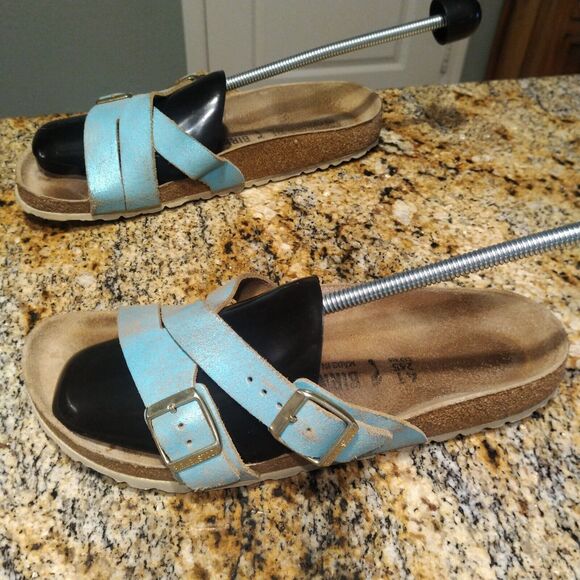 Birkenstock Yao Washed Metallic Aqua Blue Leather Sandals Women's Size 41 US 10 - Picture 5 of 13